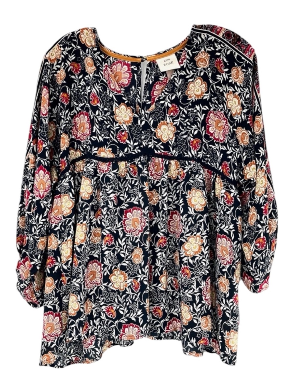 Knox Rose Floral V Neck Peasant Blouse Size Small